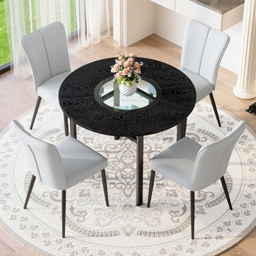 Moderno juego de mesa redonda de 4 sillones, conjunto minimalista de mesa de comedor con estante de cristal y patas antideslizantes, asiento ergonómico de piel sintética y estructura de metal