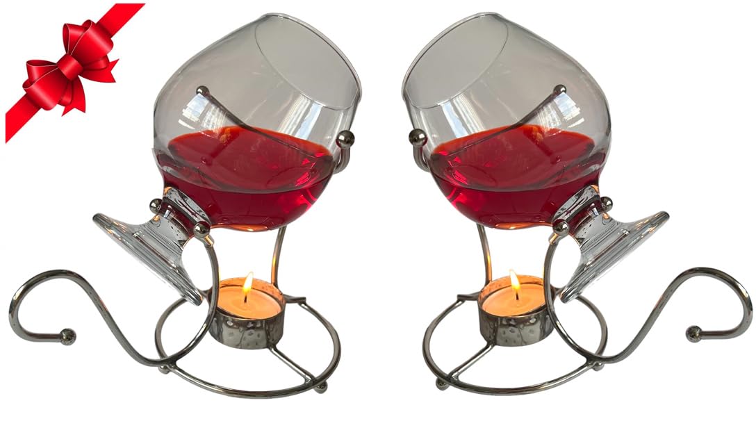 Juego de 2 calentadores de brandy con vaso de coñac de metal plateado con vela de té, calentador de brandy, bar, pubs y restaurantes
