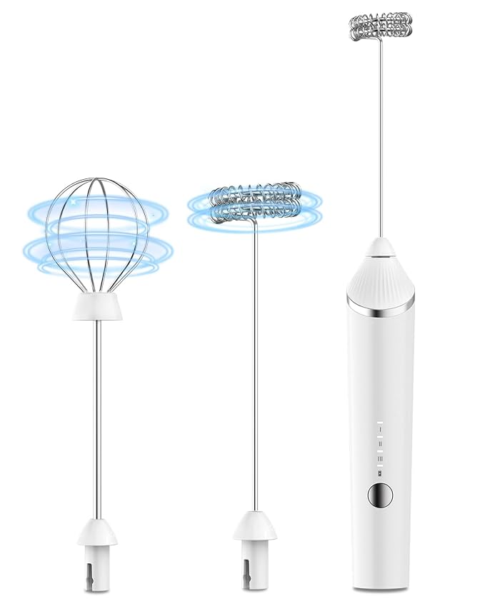 Rechargeable Electric Milk Frother and Mixer, Frother Coffee Maker, 3-Speed Beater, Stand-up Design, 2 Styles Stainless Steel Whisk for Cream, Cappuccino, Latte, Egg