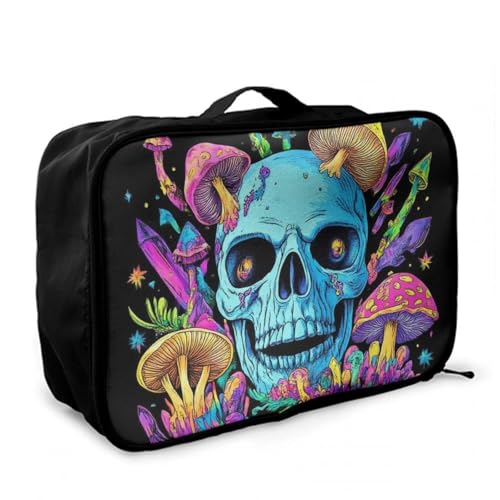 Luggage Lever To Hang Bags, Foldable Travel Storage Sports Gym Tote Bag, Carry On Tote Weekender Large Overnight Bag Trippy Mushroom Skull Art