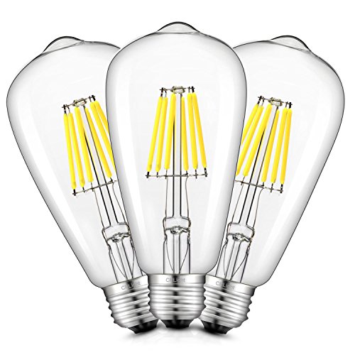 CRLight 8W 6000K LED Edison Bulb Daylight White 800LM Dimmable 80W Incandescent Equivalent, Replace 16W Compact Fluorescent CFL Bulbs, E26 Base Vintage ST64 Clear Glass LED Filament Bulbs, 3 Pack