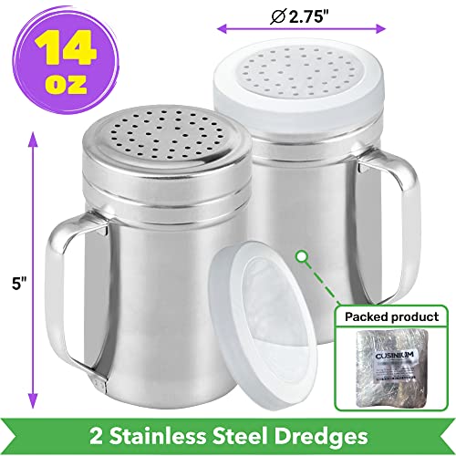 Cusinium Large Metal Salt Pepper Dredge Shakers - With Handle - Seasonings Spice Shakers With Holes And Lids - 14 Ounce, 2Pcs #TOP1