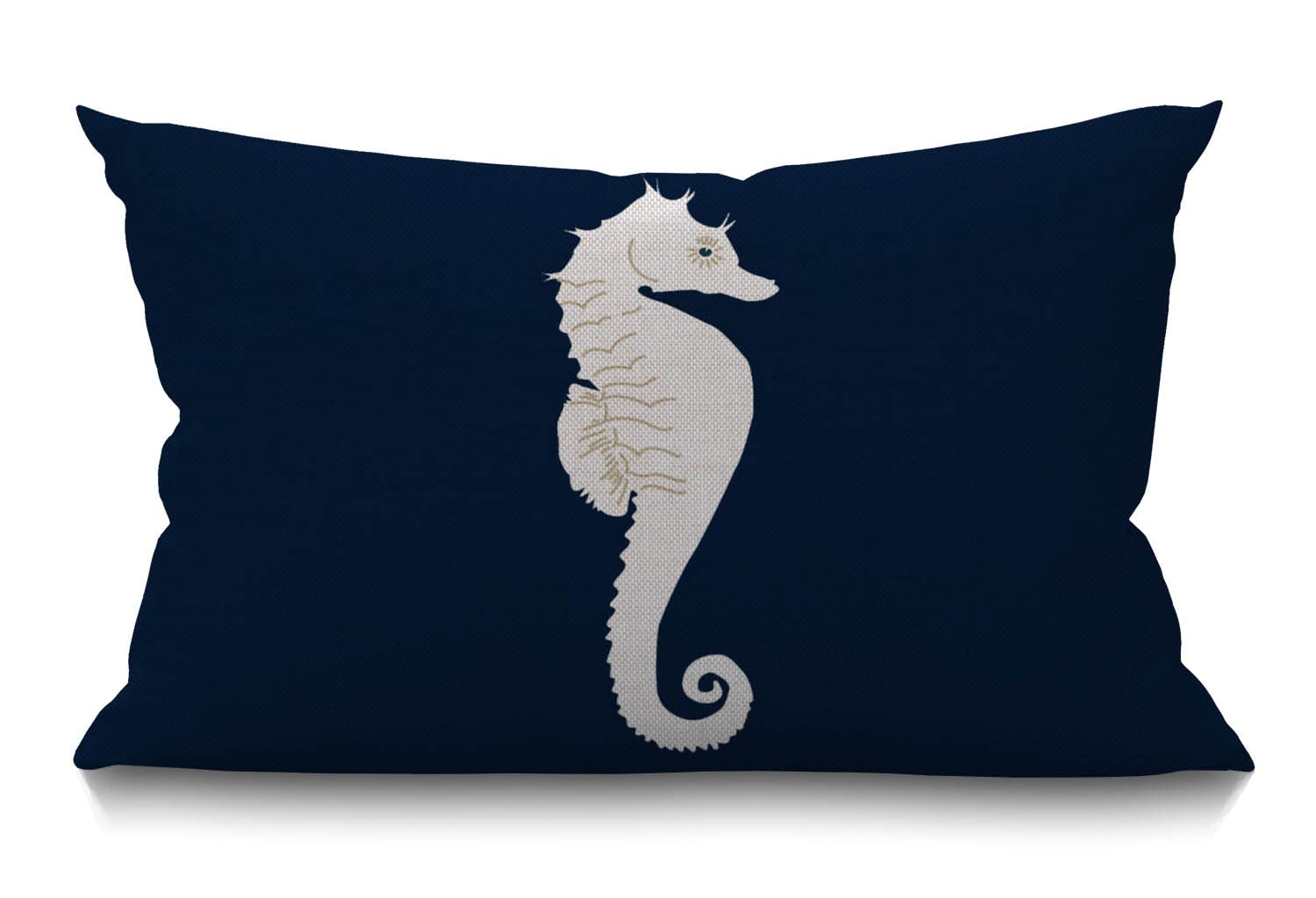Bgbdeia Multi 377 White Sea Horse Lumbar Cushion Cover 30X50cm 12X20 Inch Decorative Bedroom Living Room Navy Blue Nautical Marine Coastal Ocean Theme Rectanglar Throw Pillow Cover For Bed Sofa Couch