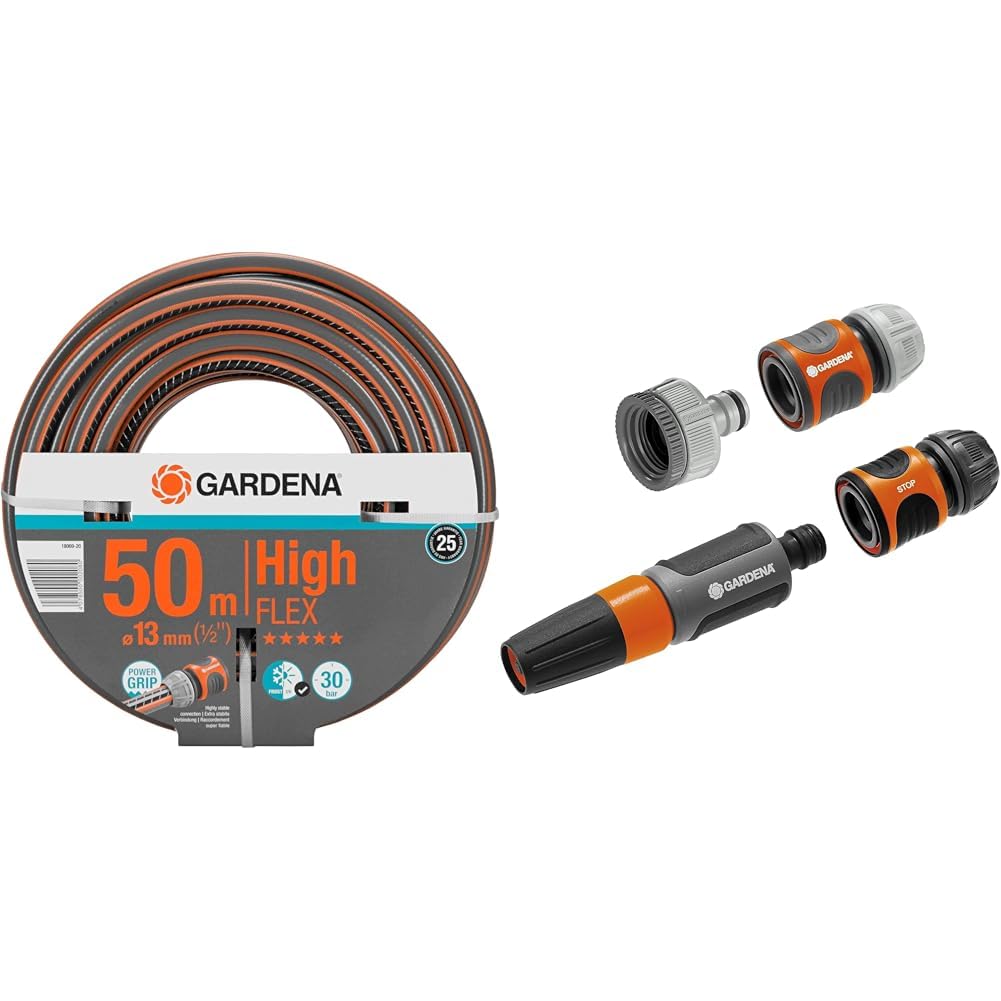 Gardena Comfort Highflex - Manguera (10 x 10, 13 mm, 1/2", 50 m, sin accesorios) + 18291-20 Kit, Negro, Gris, Naranja, Plata