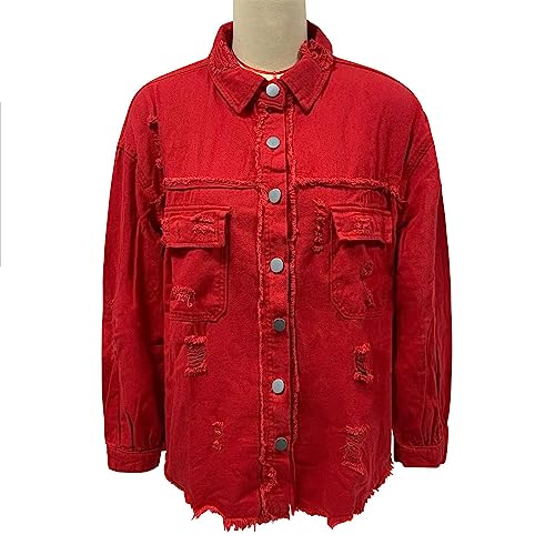 Womens Oversized Denim Jacket 2025 Fall Casual Ripped Frayed Shacket Jean Coat Western Shacket with Pockets4