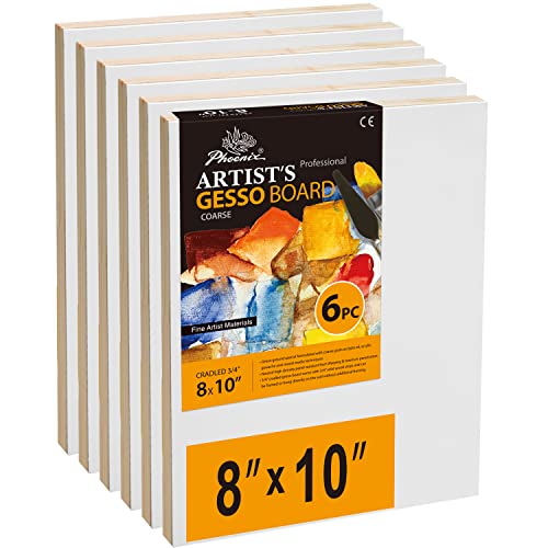 PHOENIX Gesso Boards for Painting - 8x10 Inch / 6 Pack - Coarse Surface 3/4 Inch Cradled Wood Panels for Oil & Acrylic Paints Crafts & Pouring Art