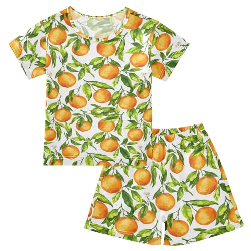 CHIFIGNO Oranges Green Leaves White Unisex Snug-Fit Short Sleeve Cotton Pajama Sets with Pocket 5Y