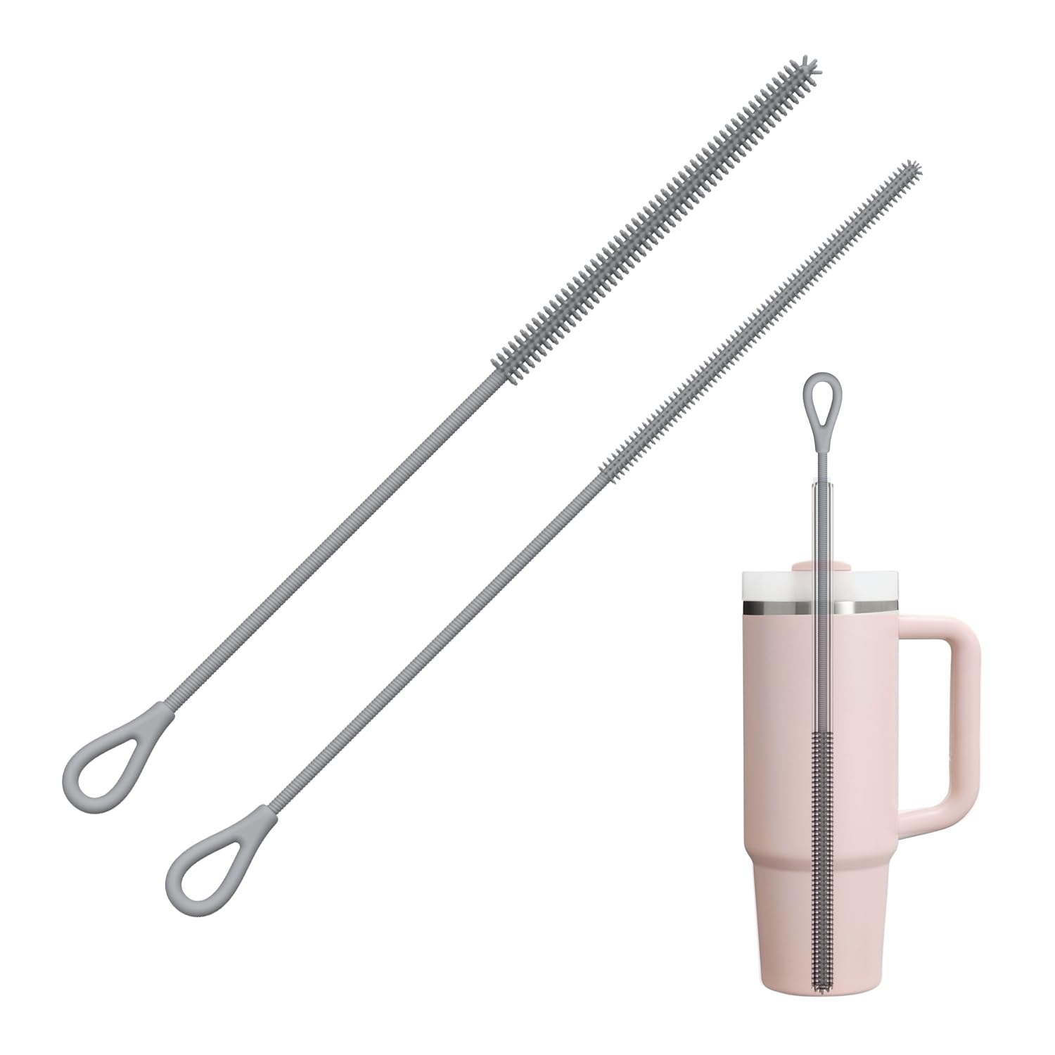 Silikon Strohhalm Bürste, 2 Stück Wiederverwendbare Strohhalmbürsten für Glas Strohhalm, Metall Strohhalm, Smoothie Strohhalme und Trinkbecher, Biegsamer, Rutschfester Griff, 6mm+9mm, Grau