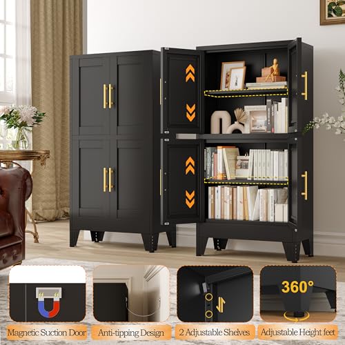 Image of GAIOUS 47.25 inch Metal Storage Cabinet, Black Kitchen Food Storage with 4 Door and 2 Adjustable Shelves, Freestanding Bathroom Cabinet, Pantry for Kitchen Dinning Room, Cupboard