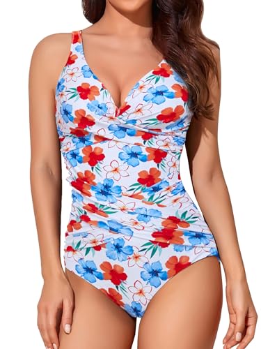 Image of Smismivo Tummy Control Swimsuits for Women Slimming One Piece Bathing Suit Retro Ruched Push Up Vintage Padded Swimwear