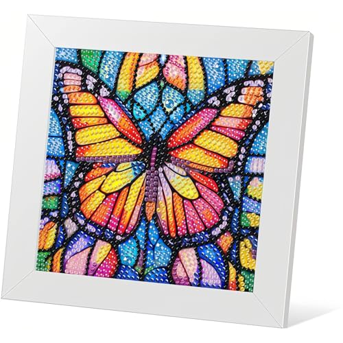 DIYGEMDOT Butterfly Diamond Painting Kit for Kids with Wooden Frame, 5D Diamond Art Gem Painting for Beginners, Gem Art Crafts and Gifts for Girls and Boys Ages 4-5-6-7-8-9-10-11-12 (7X7 Inches)