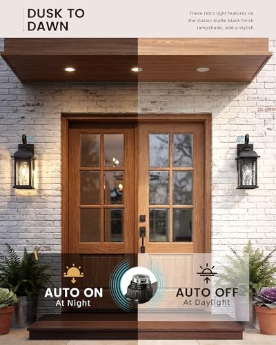 Image of FEMILA Dusk to Dawn Outdoor Front Porch Light, 15 inch Exterior Waterproof Wall Light Fixtures, Matte Black Finish with Hammered Glass, E26 Socket, 4FD54B-PC BK-SD