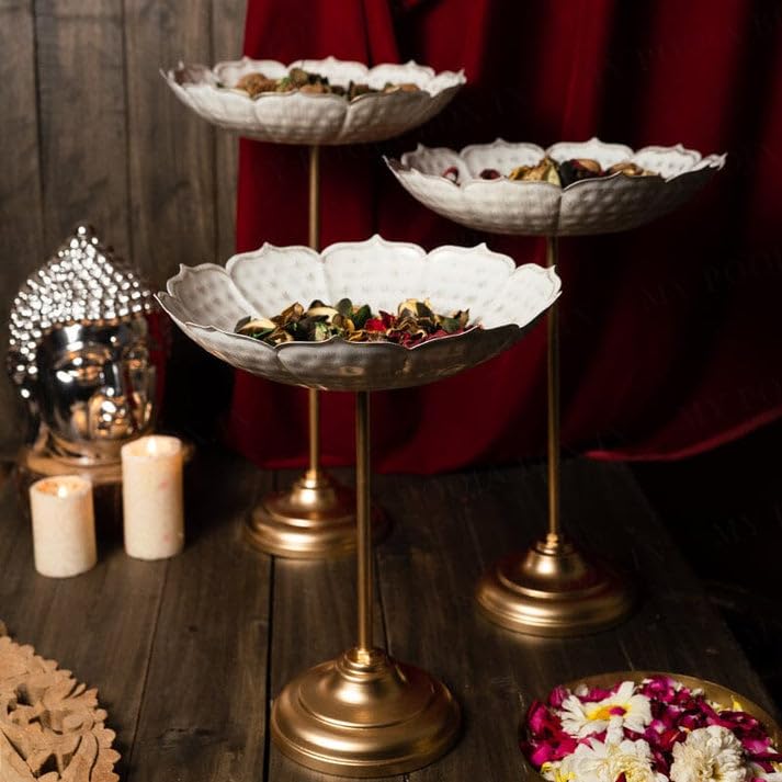 Infinity Decor™ Set of 3 Metal Flower Golden White Hammered Diwali Pooja Decorative Gift Urli-image-31