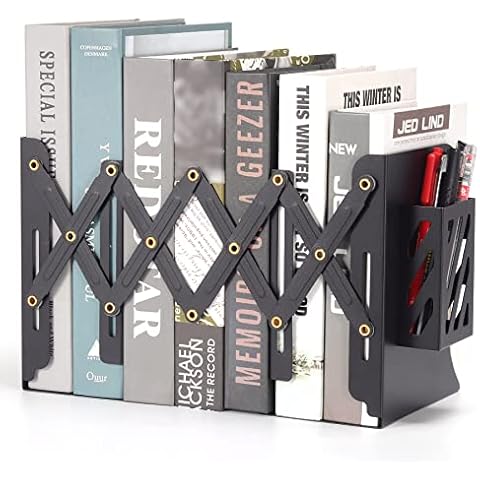 Adjustable Bookends - Metal Book End Holder with Removable Pen Holder Pocket for Office, School, Desktop Files Organizer/Book Shelf, Expandable Book Binder Holder Cover