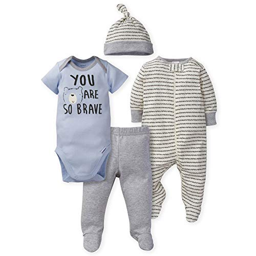 Gerber Baby Boys' 4-Piece Sleep 'N Play, Onesies, Pant and Cap, Hello Bear, 3-6 Months