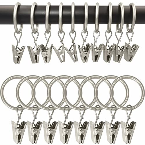 Image of WeeksEight 100 Pack Matte Silver Curtain Rings with Clips, Curtain Hooks Hangers Clip Rings for Hanging Drapes Bows Hat, Drapery Rings 1 in I D, Fits up to 5/8 in Diameter Curtain Rod.