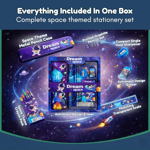 Image of Smily Buds Space Theme Stationery Kit for Kids - Stationery Box Pencil Pen Eraser Sharpener and Space Pencil Box- Stationary Kit Set for Boys and Girls, Birthday Gift for Kids