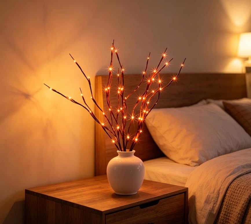 Image of DK177 4Pack Led Branch Light Battery Operated Lighted Branch Vase Filler Willow Tree Artificial Little Twig Power Brown 30 Inch 20 LED for Home Romantic Decoration, 4Pack Orenge-Light
