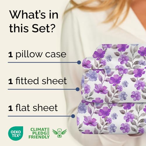 Image of Twin 3 Piece Floral Sheet Set - Soft, Breathable & Cooling - Purple Bloom | 1 Flat, 1 Fitted & 1 Pillowcase w / Deep Pockets, Boho Botanical Floral Bedding, Breathable & Cooling, Wrinkle & Fade Free
