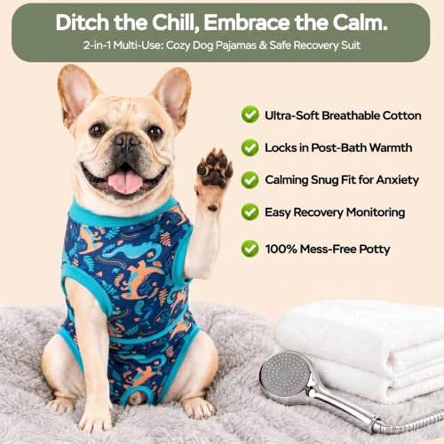Image of PetWarm After Surgery Onesie for Dogs, Pet Coat's Inner Clothes, Dog Cone Alternative After Surgery Suit for Dogs Female Male Dog Onesie for Spay Neuter, Dinosaur Pattern, Green, XS