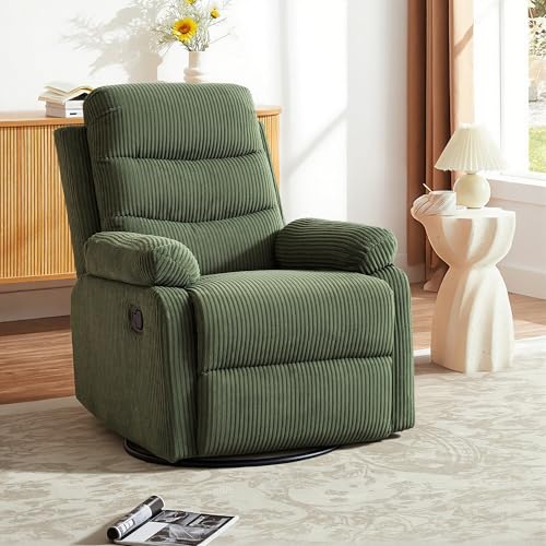 Image of Rocking Recliner Chair,Modern Swivel Glider Recliner Chair,Corduroy Fabric Upholstery Recliner,Manual Reclining Sofa Chair for Living Room,Office,Apartment (Green)