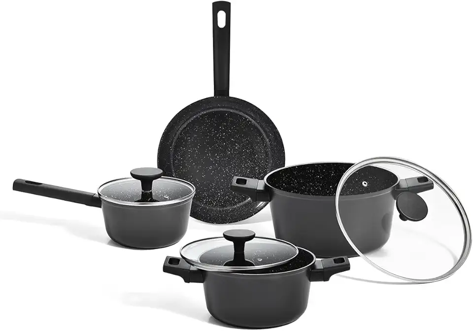 Oikos - Jogo com 4 Panelas Antiaderentes de Revestimento Cerâmico para Fogão por Indução, a Gás, Elétrico e Vitrocerâmico Cor Preta Mou Chia