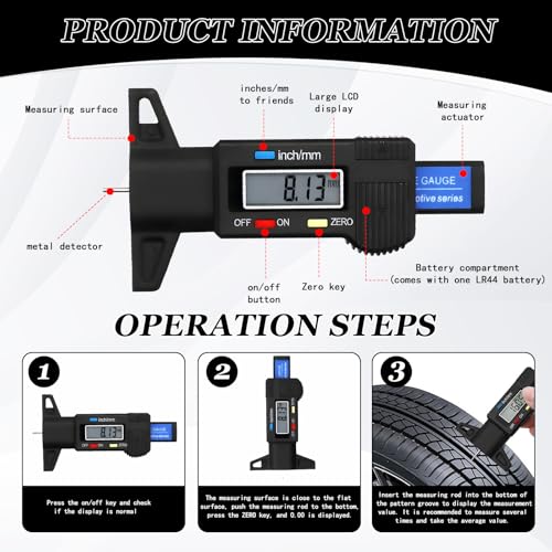 TaimeiMao 2 Stück Digital Reifenprofiltiefenmesser, 0-25mm Auto Profiltiefenmesser mit LCD Display, ABS-Kunststoff für PKW, Vans, LKW