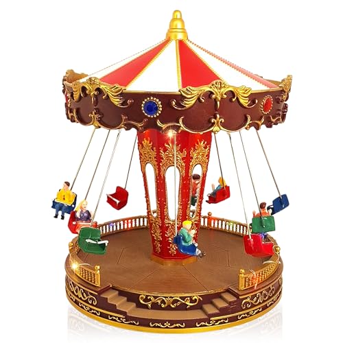 TIN Dreams | Weihnachtskarussell mit Bewegung, Musik und LED-Beleuchtung | Musikalisches Kettenkarussell | Weihnachtsdorf, Miniatur-Villa, Weihnachtslandschaft mit Beleuchtung | Weihnachtsdeko Innen