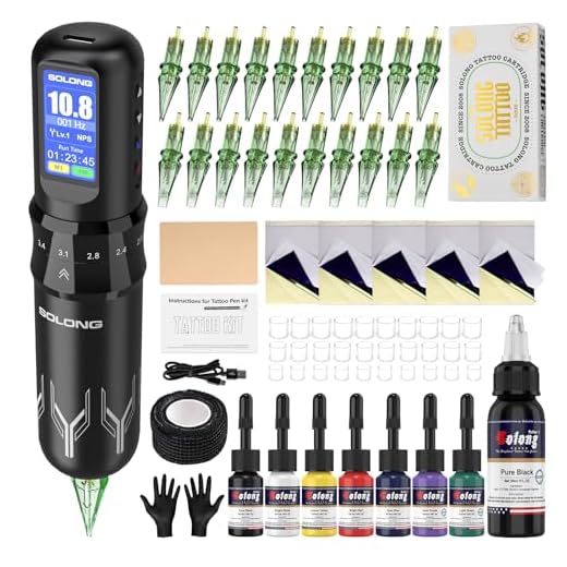 Solong Tattoo Kit, 7 Strokes,Profi Rotary Wireless Tattoo Maschine Set mit 1600mAh Akku, LCD Display, 20 Tattoo Nadeln und 8 Tattoo Farben Komplettes Tattoo Set für Anfänger & Künstler SL-TKE200AEU-1