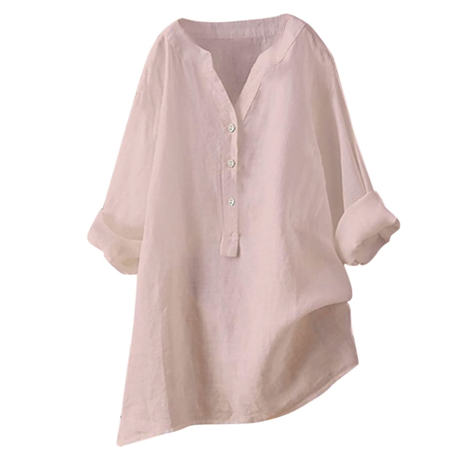 Women Oversized Cotton Linen Shirts Button Down Summer Blouse Roll-Up Sleeve Tops Tunic Trendy Boho Ladies Clothes 2024(Pink,Large) — image 1