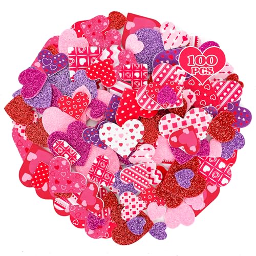 100 PCS Valentines Stickers, Foam Valentines Day Decor, Self-Adhesive Foam Heart Stickers, 3 Sizes Foam Stickers Glitter Heart Foam Stickers Matte Dots Stripes Valentines Foam Stickers Crafts