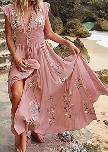 shownicer-Vestido-Mujer-Boho-Elegante-Maxi-Vestidos-Cuello-en-V-Floral-Impresa-Vestidos-Verano-Casual-Largos-Vestido-de-Playa