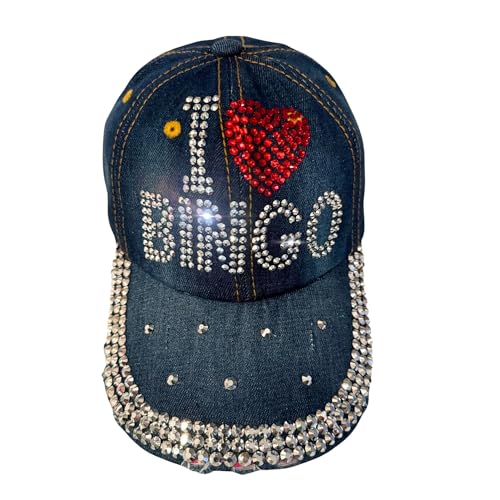 Bedazzled I Love Bingo Hat for Women Rhinestone Denim Cap One Size Blue