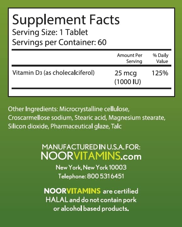 Noor Vitamins Halal Vitamin D, Halal Vitamin D3, 1000 IU Tablets, Supports Bone, Immune & Heart Health, Non-GMO, Gluten Free & Halal (60 Count) - Image 2