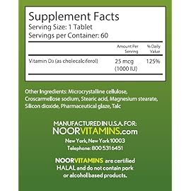 Noor Vitamins Halal Vitamin D, Halal Vitamin D3, 1000 IU Tablets, Supports Bone, Immune & Heart Health, Non-GMO, Gluten Free & Halal (60 Count)