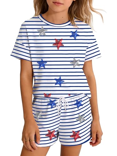 tiorhooe Kids 4th of July Outfit 2 Piece Set for Girls Boys American Flag Shirt and Shorts Patriotic USA 250 Anniversary