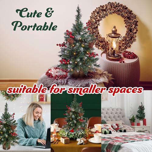 Get Trend Christmas Tree, 1.67ft Pre-lit Mini Artificial Tree with LED White String Lights Frosted Tips, Tabletop Xmax Gifts (Green) - Image 4