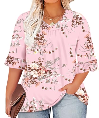Micoson Women's Plus-Size Fashion Tops V Neck 3/4 Sleeve T Shirts Casual Loose Work Tunic Blouse,Pink Print 2XL