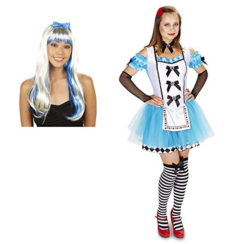 Classic Alice Adult Medium Costume with Thigh High Glovelettes, Hair Clip, and Wig Bundle Set