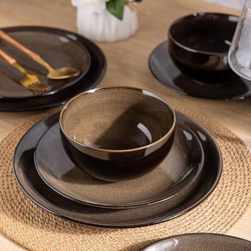 Image of LeRatio Ceramic Dinnerware Sets for 6,Stoneware Plates and Bowls Sets,Handmade Reactive Glaze Dishes Set,Chip Resistant and Scratch Resistant | Oven&Dishwasher & Microwave Safe-Chestnut(18PCS)