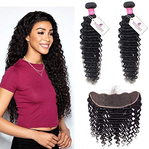 Deep Wave Human Hair Bundles with Frontal (18 20+16) 9A Brazilian Virgin Human Hair Bundles with 13x4 Lace Frontal Natural Color(18 20+16 Frontal)