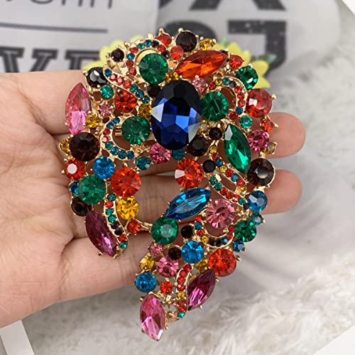 Image of SELOVO Big Large Rhinestone Green Leaf Statement 3.5 inch Brooch Pin Scarf Broach Gold Tone