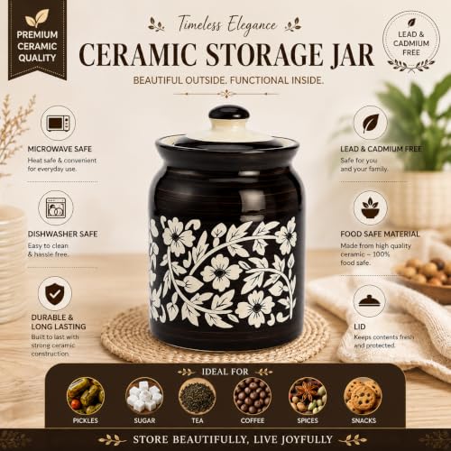 Image of D'Maiolica Ceramic Handmade Pickle Jars in 1000ml (set of 2) | Floral Bale 1 kg Achaar Martban | Ceramic Jadi for Kitchen Storage (Set of 2) | Jars for Achar, Spices, Salt (Regal Black Blossom)
