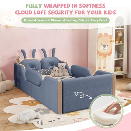 Image of Twin Size Kids Floor Bed Frame, Upholstered Montessori Platform Bed W /Removable Rails Cute Daybed Frame for Girls Boys, No Box Spring Required,Grey