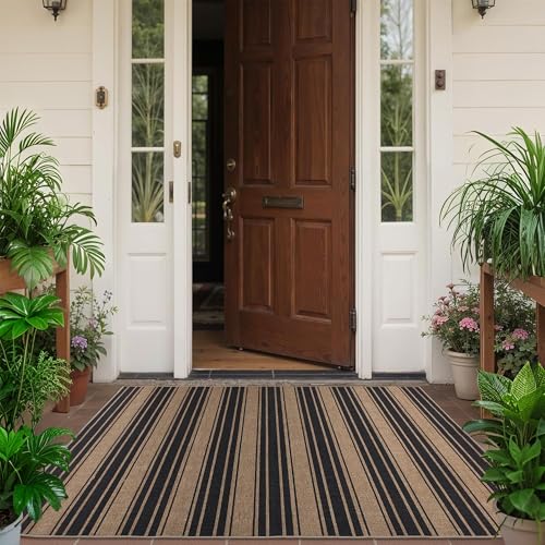 Image of Striped Easy Jute Rug 3x5 Outdoor Rug Washable Rugs for Living Room Bedroom Non Slip Neutral Farmhouse Indoor Outdoor Carpet for Backyard Patio Office