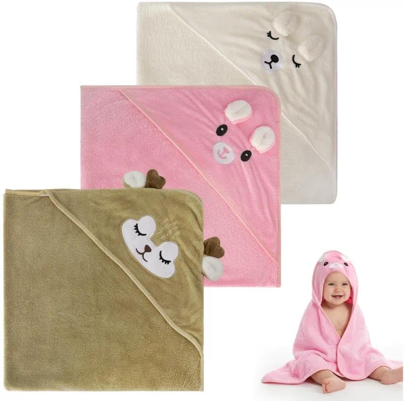 3 Piezas Toalla Bebe Toalla Bebe Recien Nacido 80 x 80 cm de coralina,Toalla baño con Capucha Set con Conejito Rosa,Ciervo marrón y Osito Blanco,Regalo