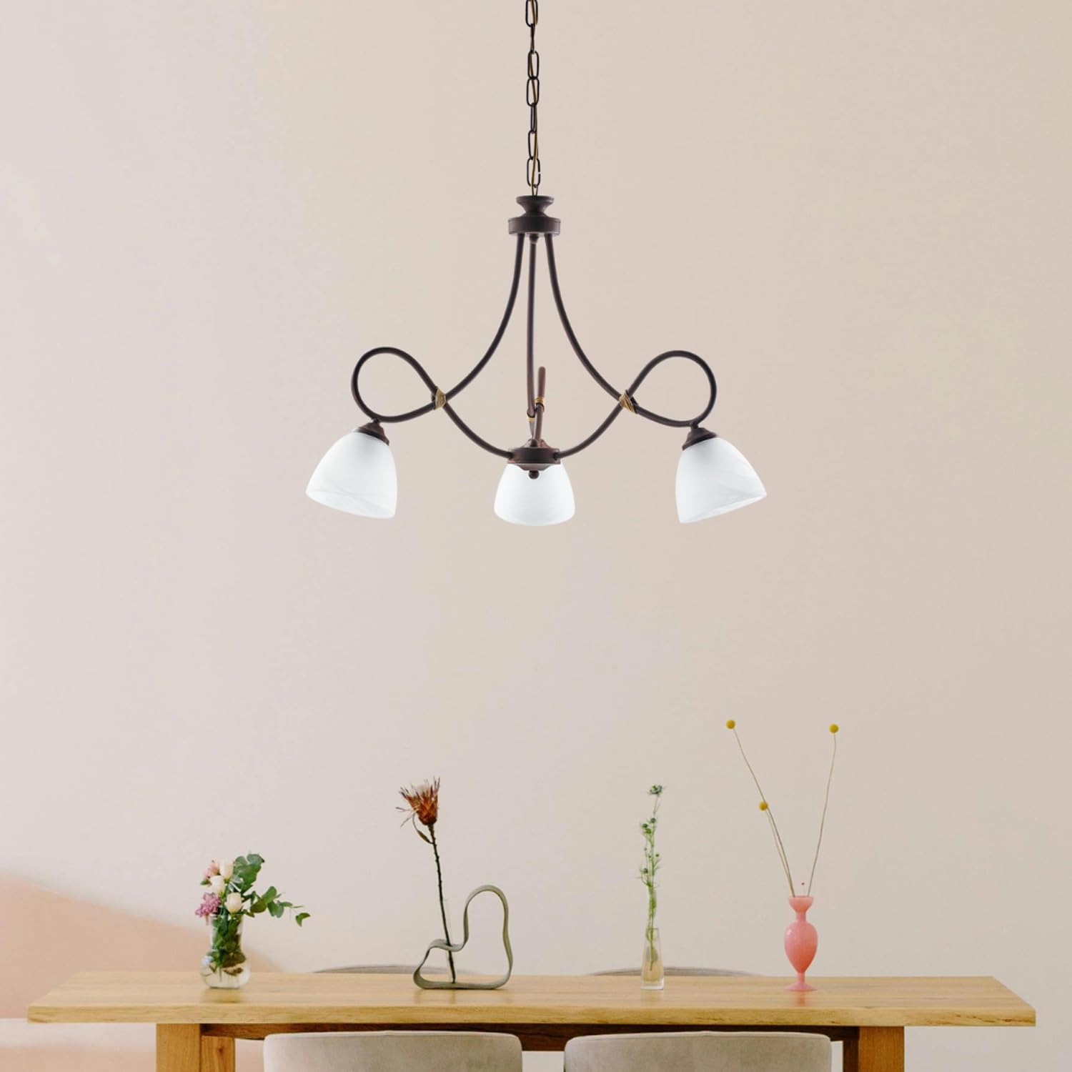 Lampadario 3 Luci Ferro Battuto Laccato Nero e Ruggine Vetro Bianco Serie Dallas