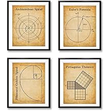 Math Art Prints - Archimedean Spiral, Eulers Formula, Fibonacci Golden Spiral, Pythagoras Theorem - Set of Four Gallery Wall 8x10 Unframed - Geometry Wall Decor & Math Poster