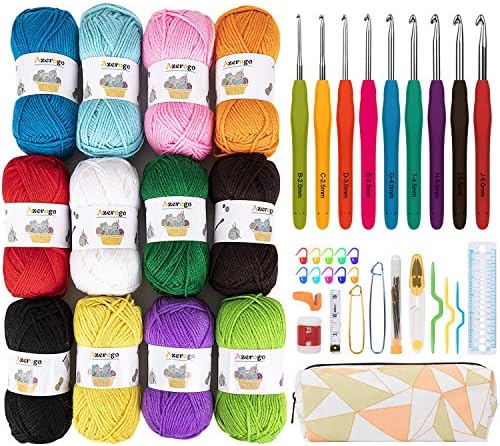 12x50g Large Acrylic Yarn Skeins, Azerogo 1312 Yards Crochet Yarn with 41 Assorted Starter Crochet Kit for Knitting and Crochet Craft, Multicolored Yarn Bulk– Ideal Beginner Kit