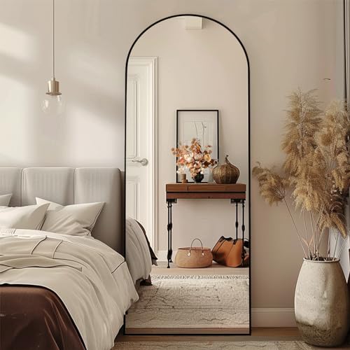 64x22 Arched Full Length Mirror Black,Oversized Floor Standing Mirror with Rust-Resistant Aluminum Frame & Anti-Tilt Base, Modern Arched-Top Design for Bedroom, Living Room, Entryway.